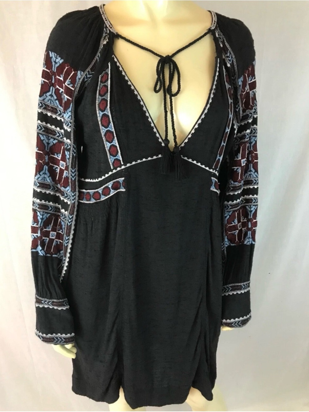 Free People All my life mini  Dress XS Black Boho Embroidery Pullover Pockets - Picture 2 of 7